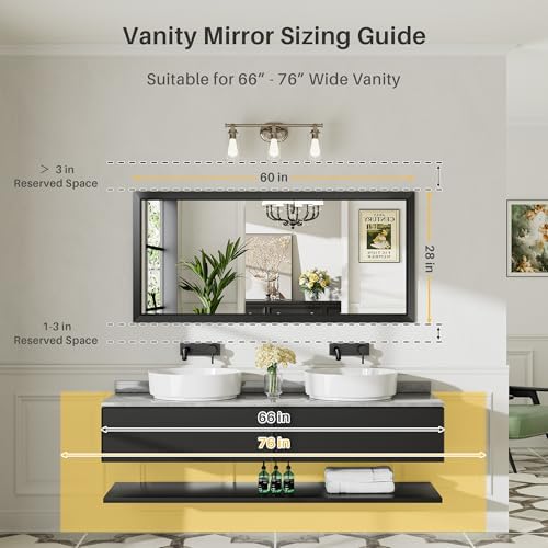 Briivue Black Metal Framed Bathroom Wall Mirror, 60x28 Inch