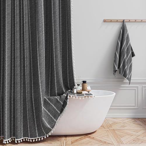 BTTN 60x72 Boho Farmhouse Linen Heavy Duty Shower Curtain, Charcoal Grey