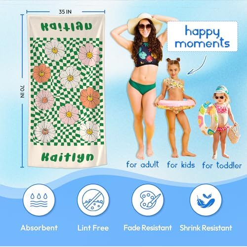 JML Custom Flower Beach Towel with Name, Microfiber, 35 x 70 in