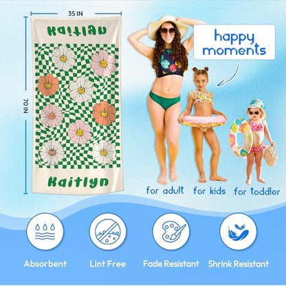 JML Custom Flower Beach Towel with Name, Microfiber, 35 x 70 in