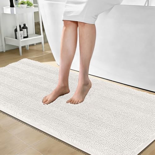 OLANLY Thick Bathroom Runner Rugs 59x24, Chenille Long Bath Rugs, Ivory