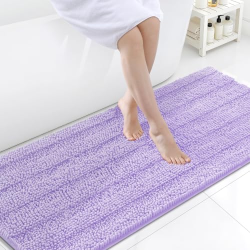 Grandaily Chenille Striped Bathroom Rugs 70x24, Extra Thick and Soft Absorbent Bath Mats, Rubber Backing, Plush Shaggy Shower Carpet, Machine Wash Dry, Bath Rug for Bathroom, Light Purple