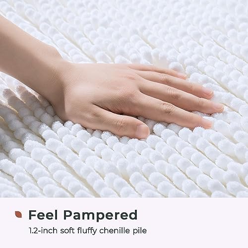 FRESHMINT Chenille Bathroom Rugs Mat 32”x20”, Non-Slip Bath Mat for Bathroom Floor & Bathtub, Washable Soft Shower Shag Bath Rugs, Durable Fluffy Thick Water Absorbent Microfiber Shower Mat, White