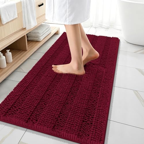 OLANLY Thick Bathroom Runner Rugs 47x20, Soft Chenille Bath Rugs, Burgundy