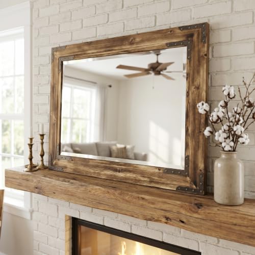 Rustic Brown 24x36 Inch Wood Bathroom Vanity Mirror, Rivets