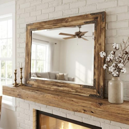 Rustic Brown 24x36 Inch Wood Bathroom Vanity Mirror, Rivets