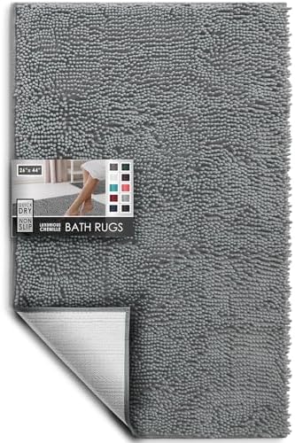 Hearth & Harbor Bathroom Rugs, Chenille Bath Mat - Machine Washable Bath Mats for Bathroom Non-Slip Backing Rubber, Quick Dry Bathroom Mat, 26 x 44 - Frost Grey