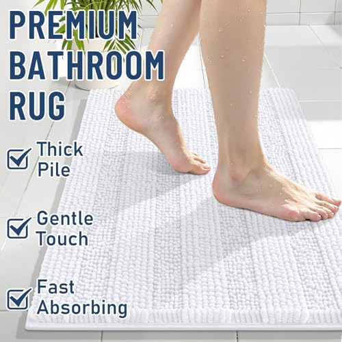 Grandaily Chenille Striped Bathroom Rugs 59x35, Extra Thick and Soft Absorbent Bath Mats, Rubber Backing, Plush Shaggy Shower Carpet, Machine Wash Dry, Bath Rug for Bathroom, Solid White