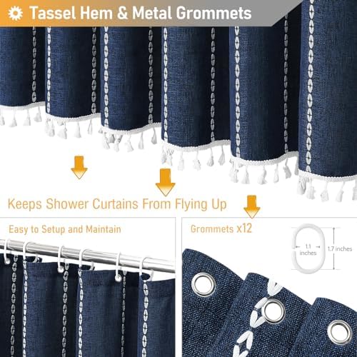 BTTN 72x96 Extra Long Boho Linen Heavy Duty Shower Curtain Set, Navy Blue
