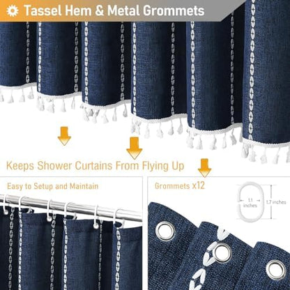 BTTN 72x96 Extra Long Boho Linen Heavy Duty Shower Curtain Set, Navy Blue