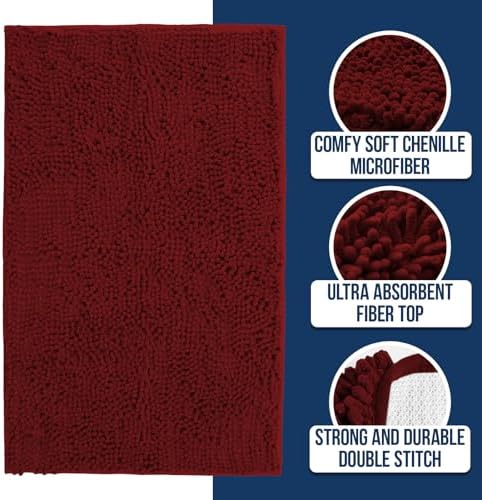 Muddy Mat® | Chenille Bathroom Rugs Quick Dry Microfiber Mats Non Slip Washable, Extra Thick, Soft and Highly Absorbent Bath Mats for Bathroom, Kitchen, and Shower Floor - Red 24"x35"