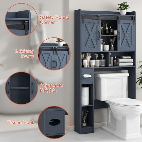 Vabches Over The Toilet Storage Cabinet with Sliding Doors, Blue