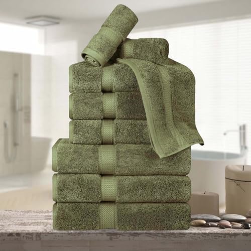 Superior Egyptian Cotton 800 GSM Plush Absorbent, 9 Piece Set, Forest Green