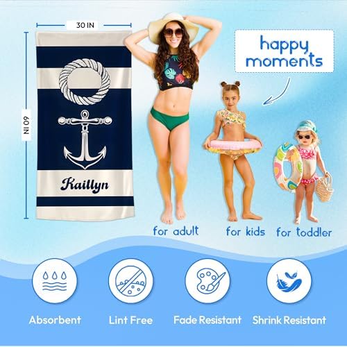 JML Custom Anchor Beach Towel with Name, Microfiber, 30 x 60 in