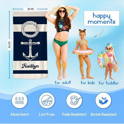 JML Custom Anchor Beach Towel with Name, Microfiber, 30 x 60 in