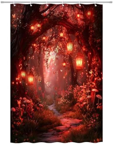 Fantasy Forest Path Shower Curtain Red Fairy Magical Enchanted Misty Jungle Mushroom Floral Tree Butterfly Lantern Wonderland Bath Curtain Fabric Bathroom Accessories Decor with Hooks 47W x63L