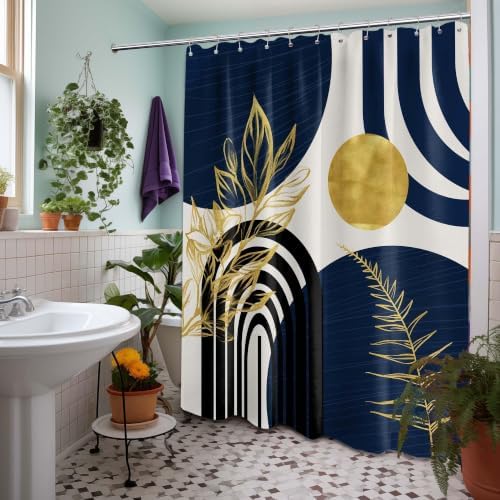 Navy Blue and Gold Shower Curtain, 72x72 in, Mid Century Modern
