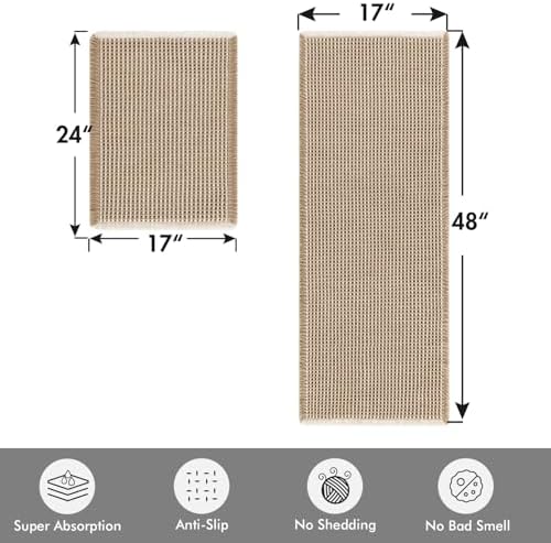 MIULEE Set of 2 Waffle Bathroom Rugs Brown&White Bath Mat 17"x24"+17"x48"