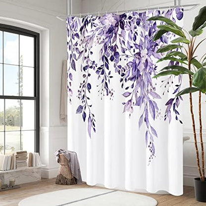 Gibelle Purple Eucalyptus Shower Curtain, Watercolor Floral Print, 72x72