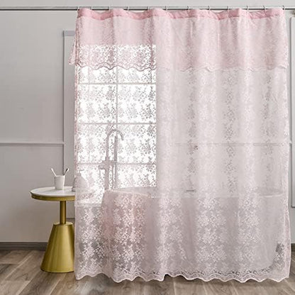 Pink Lace Shower Curtain 72x72, Cute Girly Style with Attached Valance