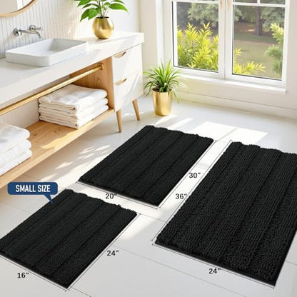 Grandaily Chenille Striped Bathroom Rugs 47x24, Extra Thick and Soft Absorbent Bath Mats, Rubber Backing, Plush Shaggy Shower Carpet, Machine Wash Dry, Bath Rug for Bathroom, Deep Black