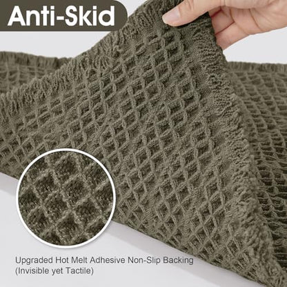 Upgraded Waffle Bath Mat Set 2 Piece Greyish Green-Herringbone, Super Absorbent Non-Slip Quick Dry Bathroom Rugs with Tassels,Machine Washable Ultra Soft Boho Bath Rugs, Bath Mats Boho Farmhouse Decor