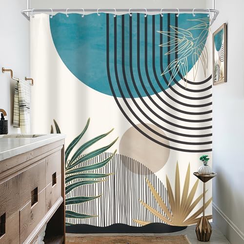 Mid Century Boho Abstract Blue Modern Gray Bathroom Shower Curtain Set