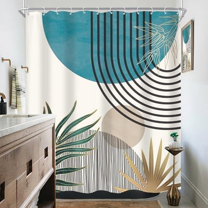 Mid Century Boho Abstract Blue Modern Gray Bathroom Shower Curtain Set