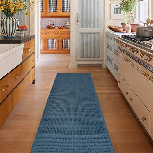 ZALL Blue Waffle Bath Mat,Super Absorbent Non Slip Bathroom Rug, 24x60inch, Machine Washable Ultra Soft Floor Mats