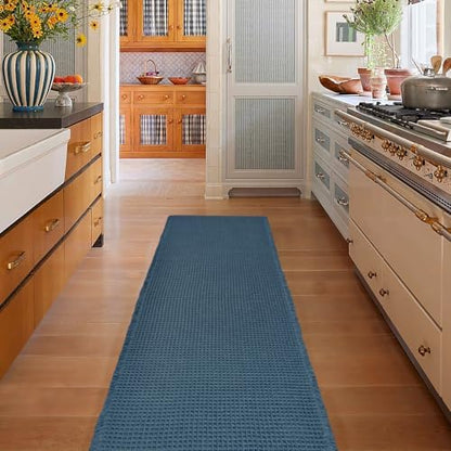 ZALL Blue Waffle Bath Mat,Super Absorbent Non Slip Bathroom Rug, 24x60inch, Machine Washable Ultra Soft Floor Mats