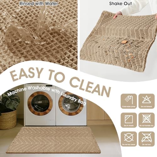 Upgraded Waffle Bath Mat Set 2 Piece Beige-Herringbone, Super Absorbent Non-Slip Quick Dry Bathroom Rugs with Tassels, Machine Washable Ultra Soft Boho Bath Rugs, Toilet Mats Boho Farmhouse Decor
