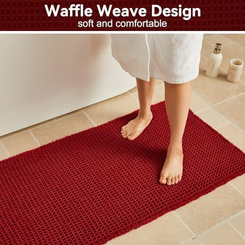 Triohero Waffle Runner Rug Bathroom, Long Boho Bath Mat, 24x72 Burgundy