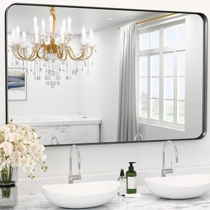 60x28-inch Black Metal-Frame Bathroom Mirror, Matte Black Bathroom Vanity Mirror; Large Rectangular Mirror, Rust-Resistant; Tempered Glass; Can Be Hung Horizontally or Vertically