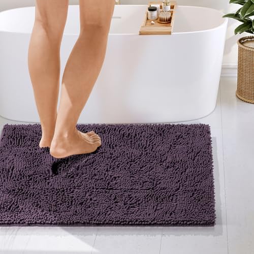 Hearth & Harbor Bathroom Rugs, Chenille Bath Mat - Machine Washable Bath Mats for Bathroom Non-Slip Backing Rubber, Quick Dry Bathroom Mat - Purple 24x36