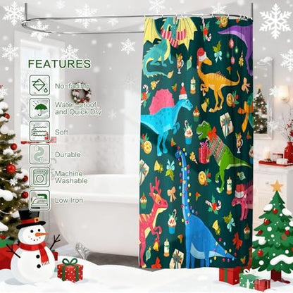 Shower Curtain Christmas, Green Kids Shower Curtain Santa's Hat Dinosaur Party Gift Box Cake Candy Jingling Bell String Light Xmas Theme Machine Wash Home Farmhouse Waterproof Decor Bathroom Curtain