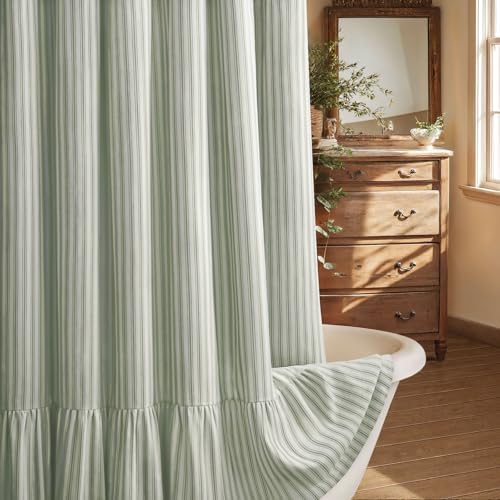Farmhouse Shower Curtain Ruffle Linen White-Green Stripe 72"W x 72"L
