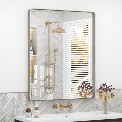 24x32 Inch Brushed Nickel Bathroom Mirror, Brushed Silver Metal Framed Wall Mirror, Rounded Corner Rectangle Modern Vanity Mirror, Tempered Glass, Anti-Rust, Shatterproof (Horizontal/Vertical)