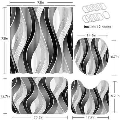 Bathroom Sets with Shower Curtain and Rugs, 4 Pcs Geometric Stripes