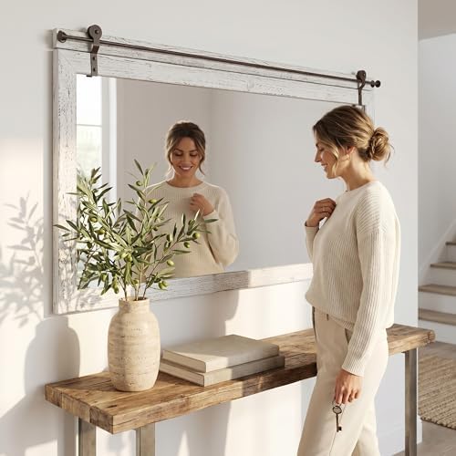27"x49" Whitewashed Coastal Barn Door Wall Mirror with Wood Header