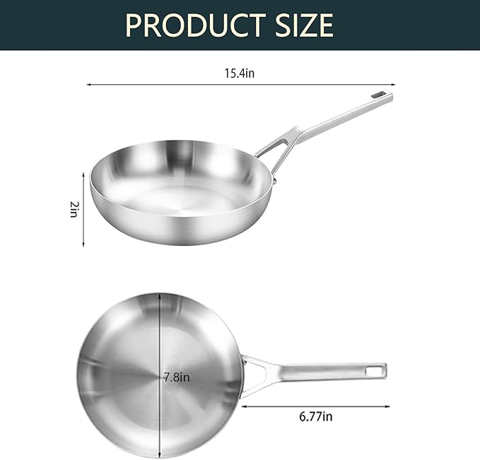 Yeksum Tri-Ply Fully Bonded Stainless Steel 8inch Frying Pan, Omelette Pans, Egg Pan Durable Chef's Pan, Kitchen Skillets 8in, Induction Pan for Steak,Egg, Compatible with All Cooktops, Up to 600℉