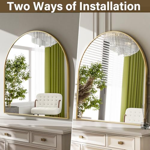 HARRITPURE 26"x28" Arched Bathroom Mirror Wall Mounted Gold Arch Mirror