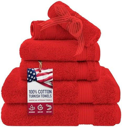 American Veteran Towel, 6 Piece Towel Set for Bathroom, 100% Cotton Turkish Bathroom Towels, 2 Bath Towels 2 Hand Towels 2 Washcloths, Red