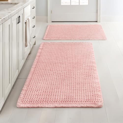 MIULEE Set of 2 Waffle Bathroom Rugs Boho Bath Mat Pink 17"x24"+18"x30"