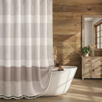 Taupe Farmhouse Linen Striped Shower Curtain with Tassel 72"W X 72"L