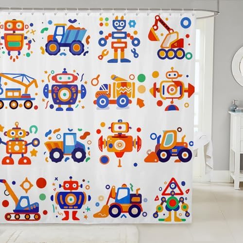 Feelyou Cute Robots Shower Curtain Kids Boys Truck Tractor Excavator Bathroom Waterproof Accessories with 12 Hooks 72x84 Inches Watercolor Machine Equipment Colorful Kawaii Room Decor,Blue Yellow