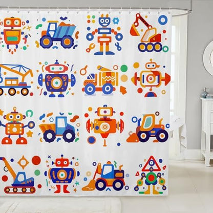 Feelyou Cute Robots Shower Curtain Kids Boys Truck Tractor Excavator Bathroom Waterproof Accessories with 12 Hooks 72x84 Inches Watercolor Machine Equipment Colorful Kawaii Room Decor,Blue Yellow