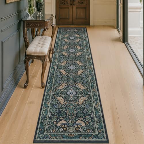 Washable 2x8 Extra Long Runners for Large Kitchen - Blue and Green Long Runner Rugs for Hallway Rugs for Entryway, Vintage Bird Low Pile Kitchen Floor Mats, Nature Leaf & Non-Slip