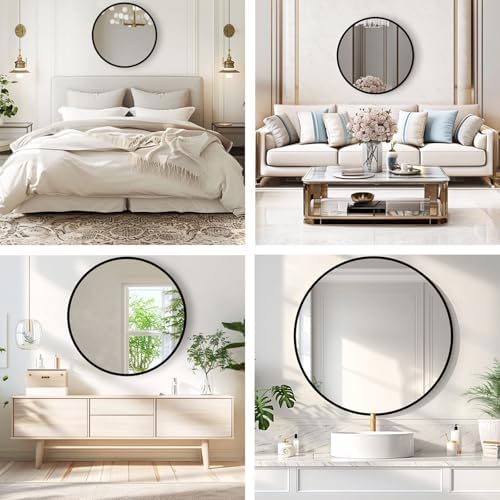 Round Black Mirror 26 Inch, Matte Black Metal Frame, Circle Mirror