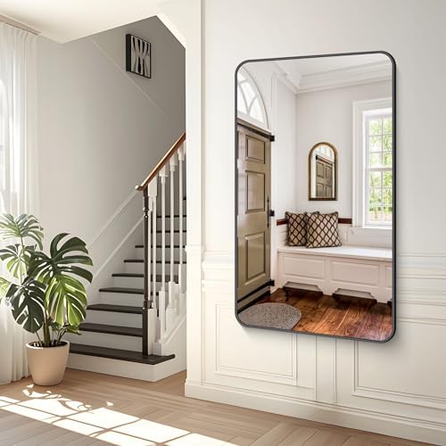 BONEWEI 60x36 inch Large Bathroom Mirror,Black Rectangle Mirror,Wall Mounted Bathroom Frame Vanity Mirror with Round Corner for Bedroom Living Room, Entryway Hangs Horizontal or Vertical