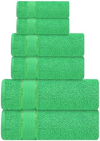 6 Piece 100% Cotton Bath Towel Set - 2 Bath - 2 Hand - 2 Face, Green